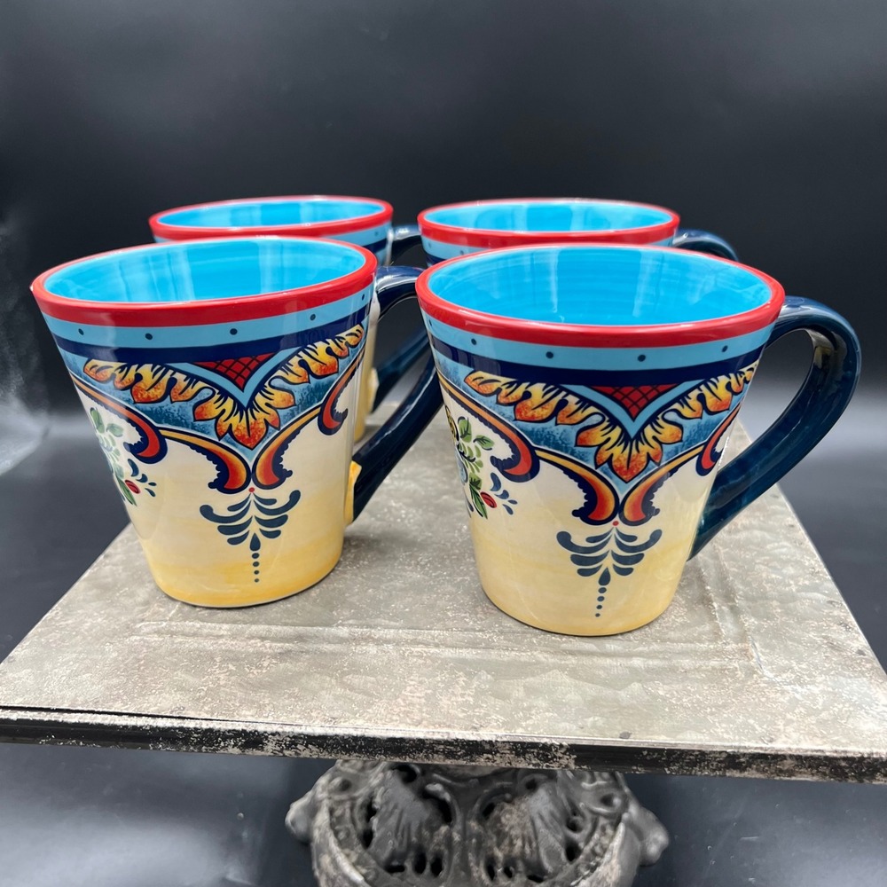 Euro Ceramica Zanzibar Coffee Mug Set 4 Spanish Floral Blue Yellow Stoneware